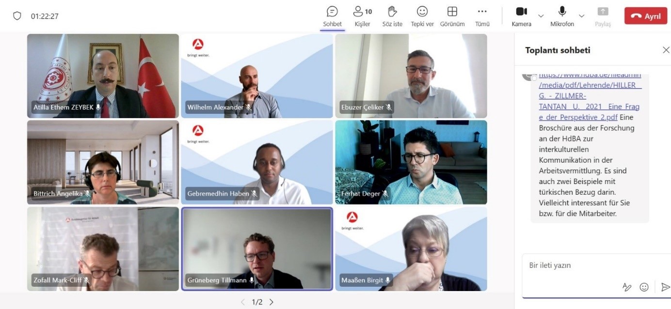 Bakanlığımız ile Almanya Federal İş Ajansı arasında süregelen işbirliğini güçlendirmek amacıyla 1 Eylül 2025 tarihinde Genel Müdürlüğümüz ile Federal İş Ajansının farklı birimleri ve Maltepe Üniversitesi temsilcilerinin katılımıyla çevrim içi bir toplantı gerçekleştirildi.