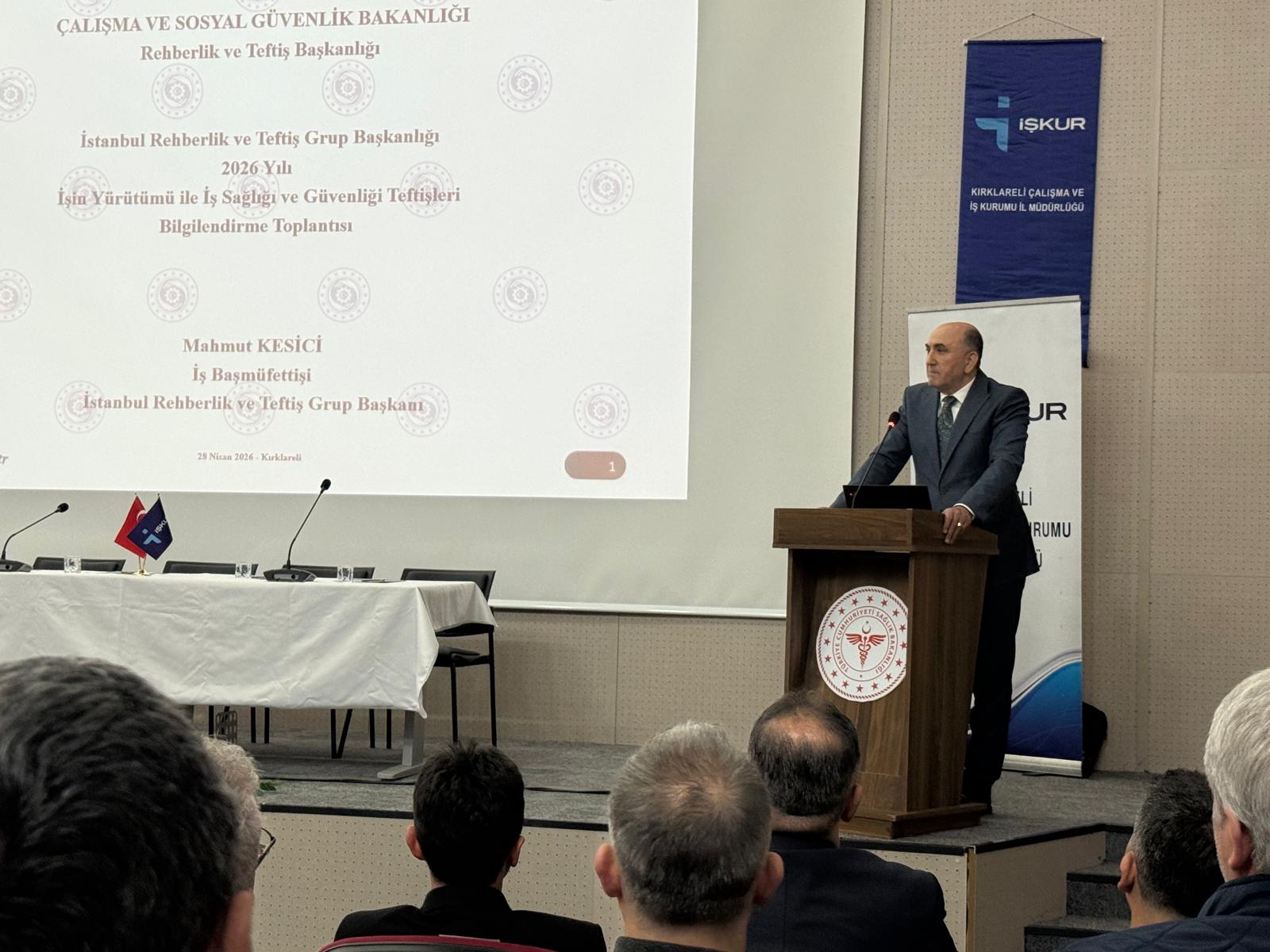 28 Nisan 2026 tarihinde İstanbul Rehberlik ve Teftiş Grup Başkanlığı ile Kırklareli Ticaret ve Sanayi Odası (KTSO) iş birliğinde; “İşin Yürütümü ile İş Sağlığı ve Güvenliği Teftişleri” hakkında bilgilendirme toplantısı düzenlendi.