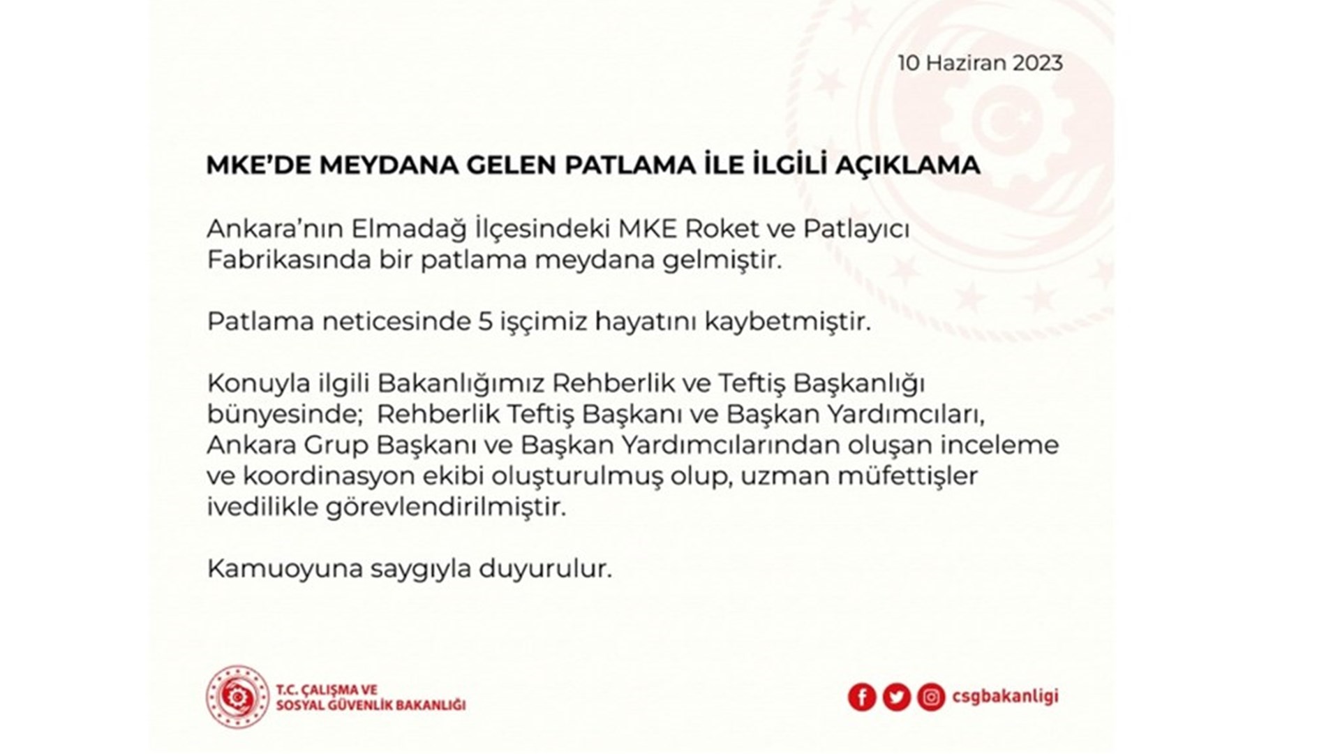 Ankara’nın Elmadağ İlçesindeki MKE Roket ve Patlayıcı Fabrikasında bir patlama meydana gelmiştir.