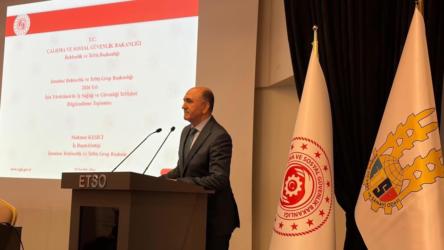 29 Nisan 2026 tarihinde İstanbul Rehberlik ve Teftiş Grup Başkanlığı ile Edirne Ticaret ve Sanayi Odası (ETSO) iş birliğinde; “İşin Yürütümü ile İş Sağlığı ve Güvenliği Teftişleri” hakkında bilgilendirme toplantısı düzenlendi.